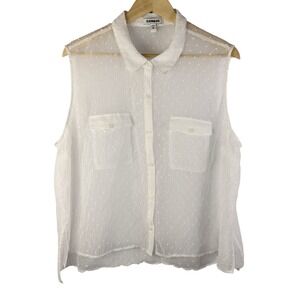 Express Sheer Swiss Dot Blouse XL Sleeveless Button Front White Top